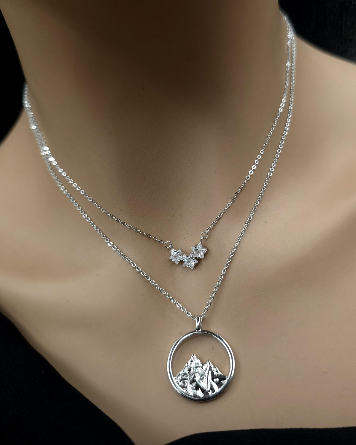 Three Stars Over the Mountain - A Fae Court | Sterling Silver Layered Necklace Set | Bookish Celestial Jewelry