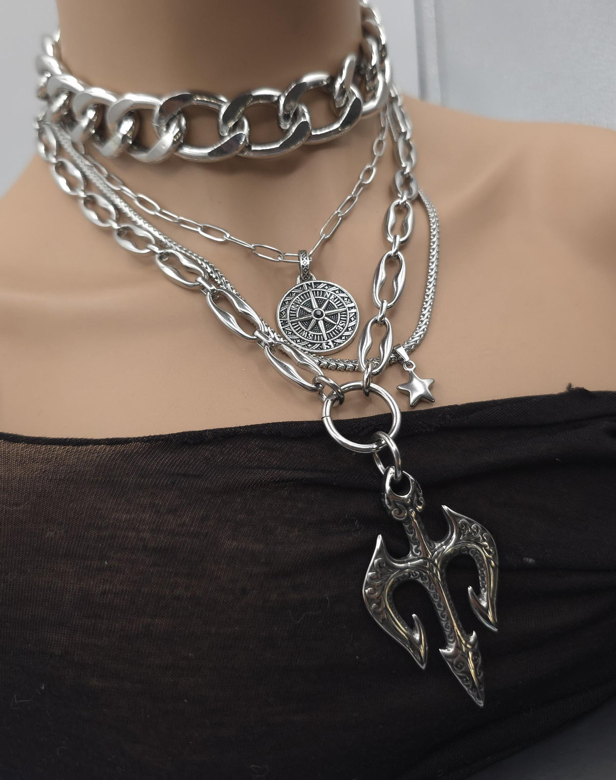 Steel Layered Trident Four-Piece Norse-Inspired Ocean Necklace Set | Stainless Steel & Aluminum
