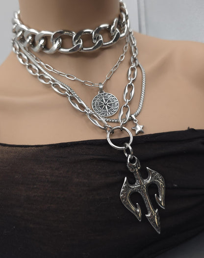 Steel Layered Trident Four-Piece Norse-Inspired Ocean Necklace Set | Stainless Steel & Aluminum