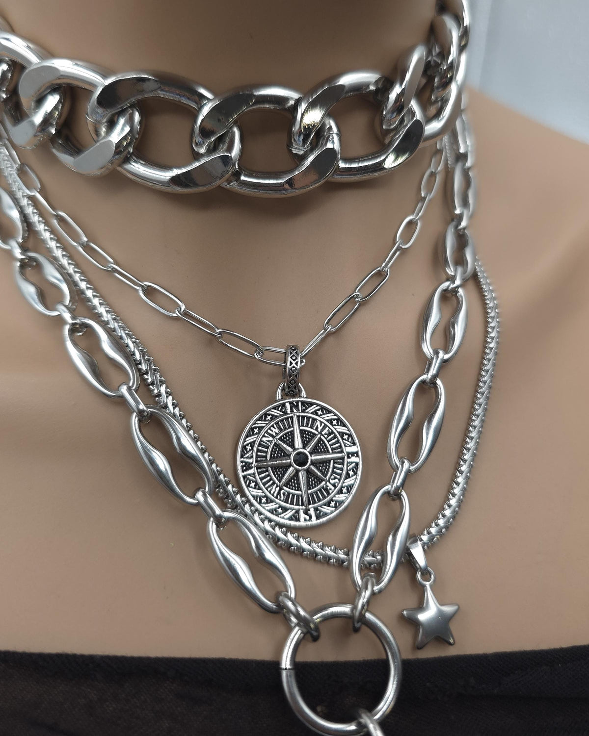 Steel Layered Trident Four-Piece Norse-Inspired Ocean Necklace Set | Stainless Steel & Aluminum