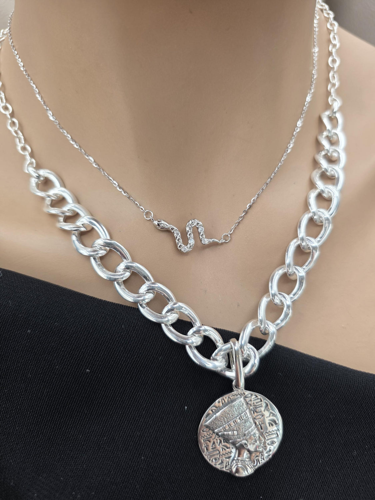 Nefertiti & Serpent Sterling Silver Necklace Set | Egyptian Queen Pendant | Layered Snake Necklace | Ancient Egypt Inspired Jewelry
