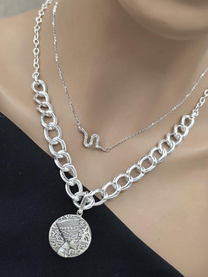Nefertiti & Serpent Sterling Silver Necklace Set | Egyptian Queen Pendant | Layered Snake Necklace | Ancient Egypt Inspired Jewelry
