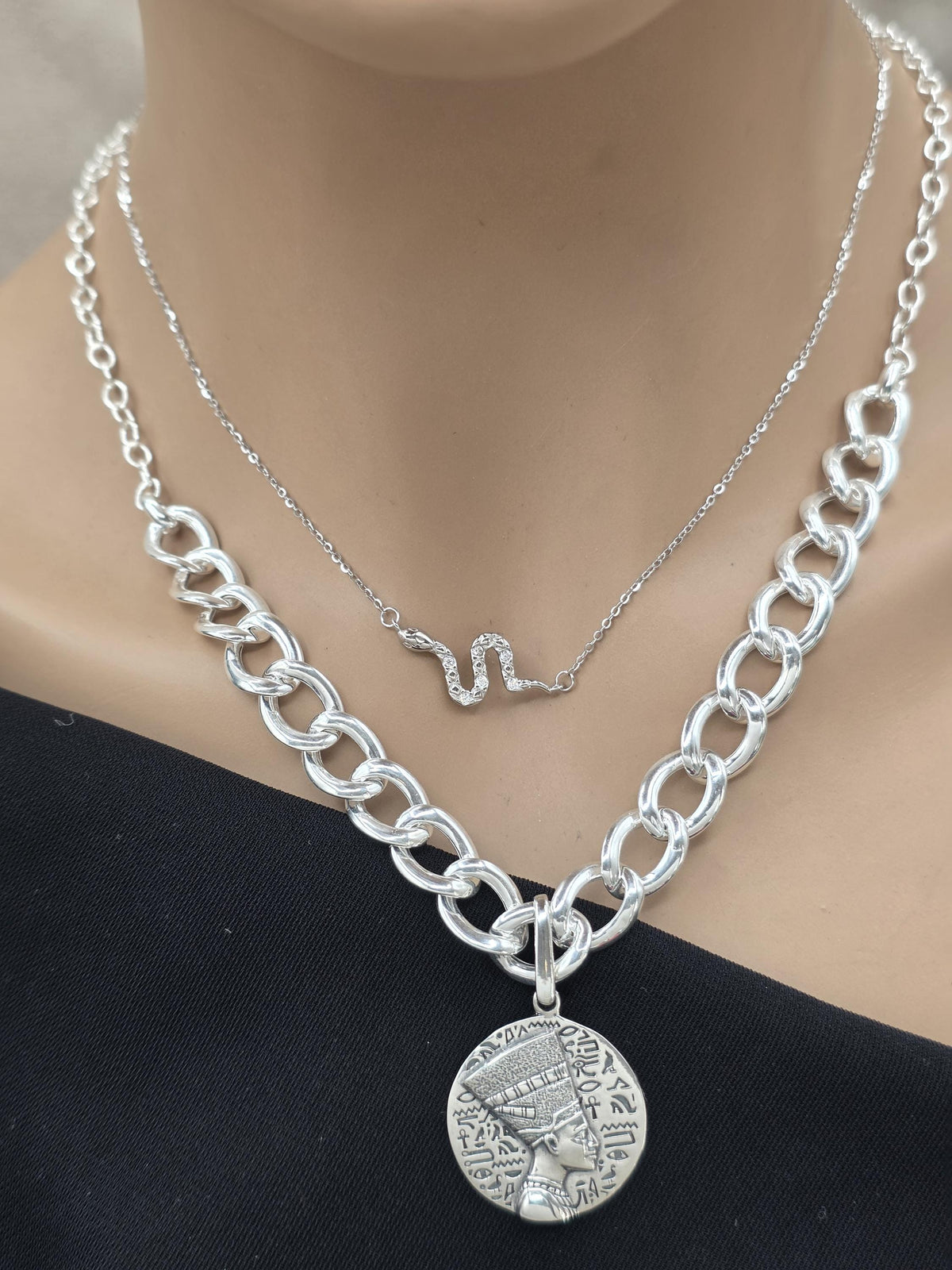 Nefertiti & Serpent Sterling Silver Necklace Set | Egyptian Queen Pendant | Layered Snake Necklace | Ancient Egypt Inspired Jewelry