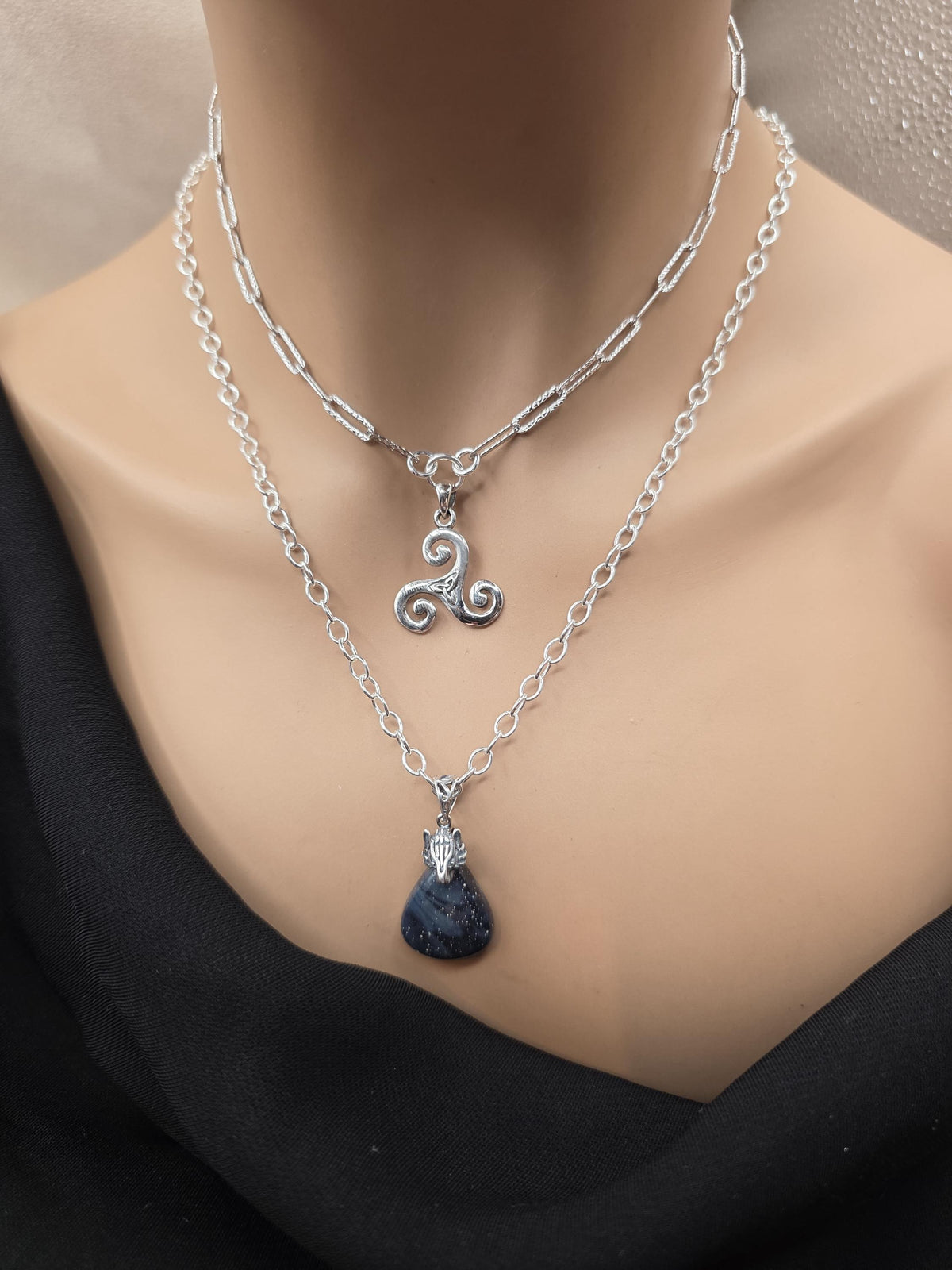 Norse Wolf & Celtic Triskelion Necklace Set | Sterling Silver Layered Necklaces | Leland Blue Glass Pendant | Viking Inspired Jewelry