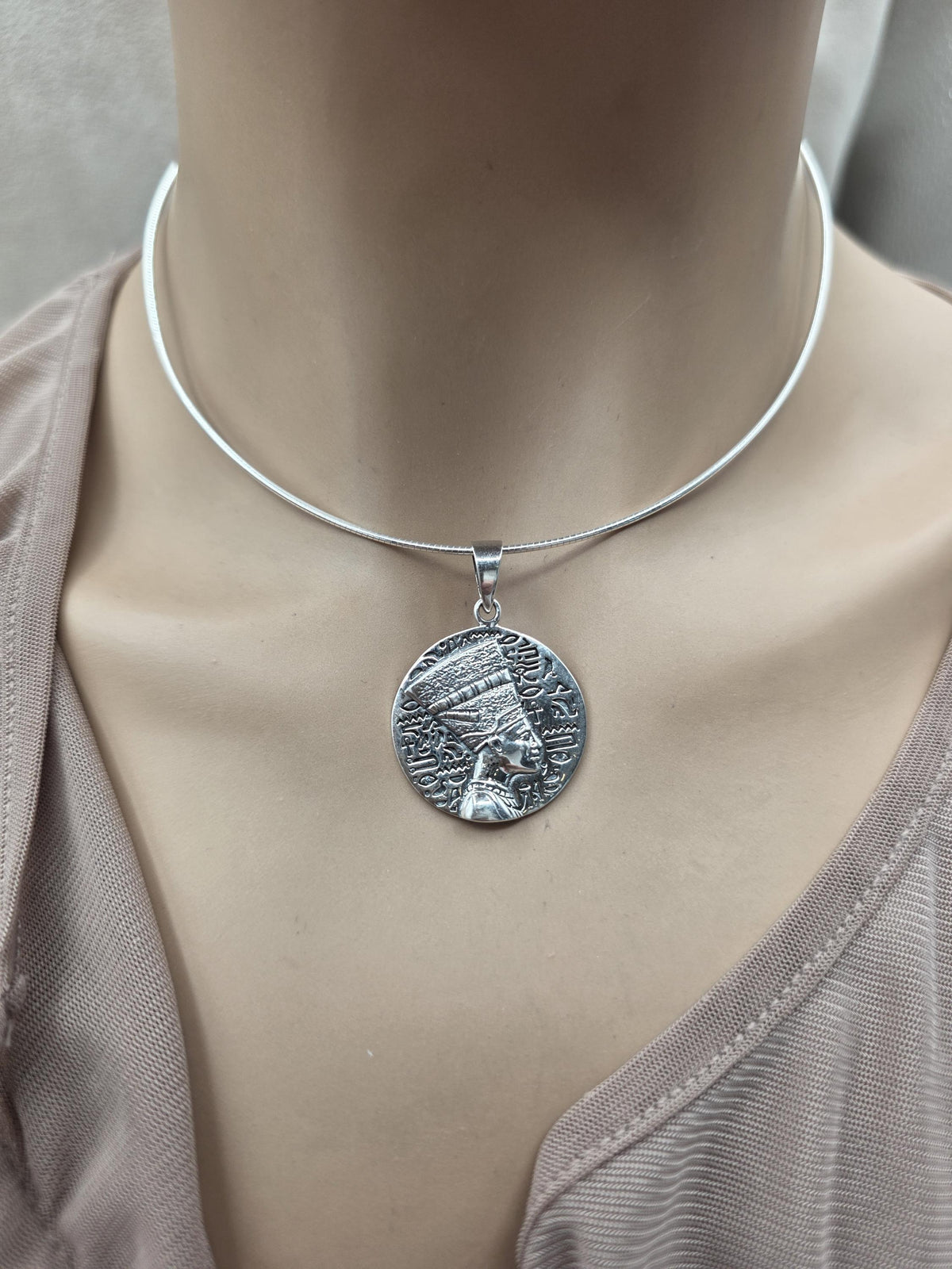 Nefertiti Sterling Silver Necklace | Egyptian Queen Bas Relief Pendant | Ancient Egypt Inspired Jewelry | 925 Silver Snake Chain