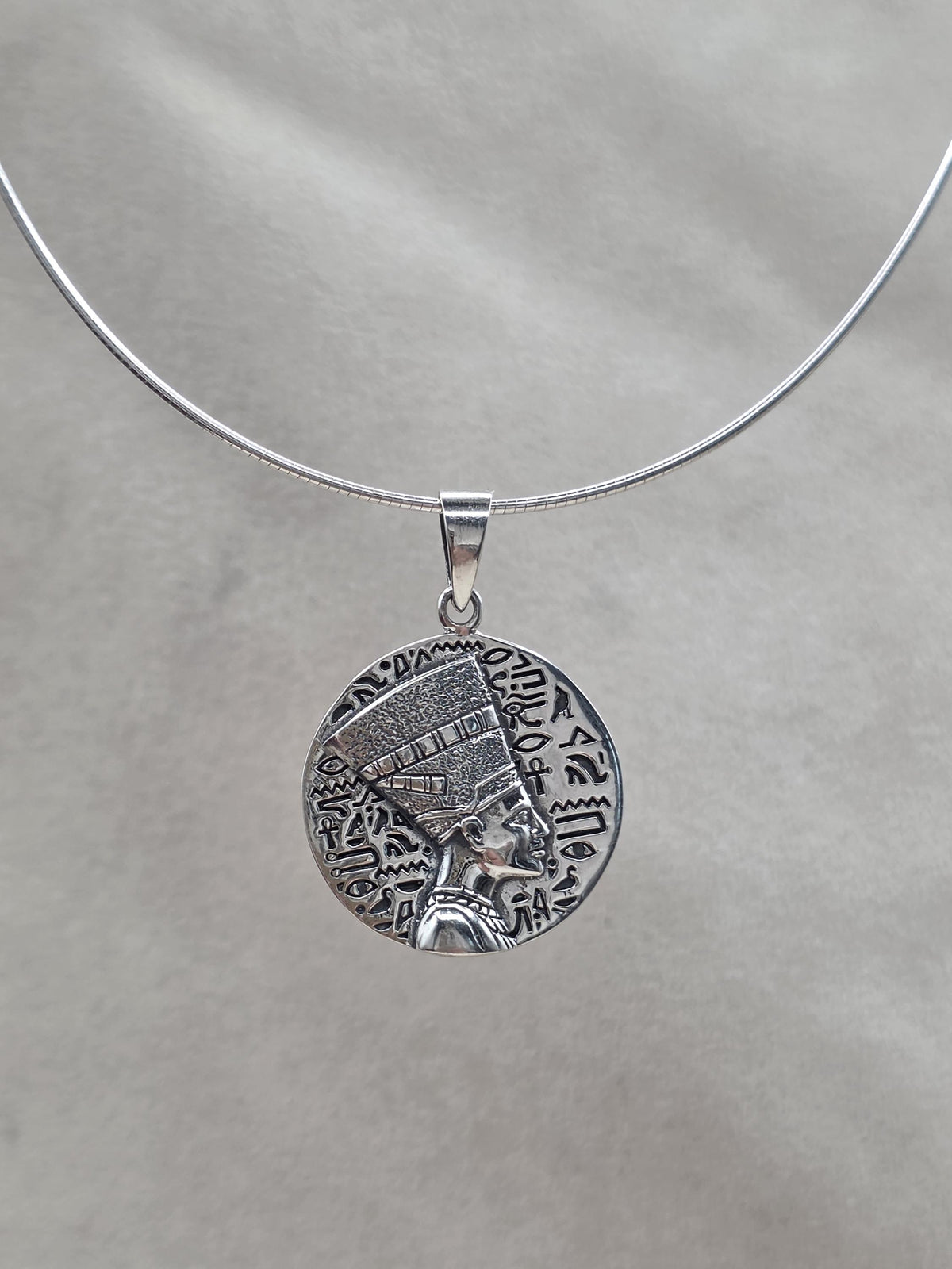 Nefertiti Sterling Silver Necklace | Egyptian Queen Bas Relief Pendant | Ancient Egypt Inspired Jewelry | 925 Silver Snake Chain