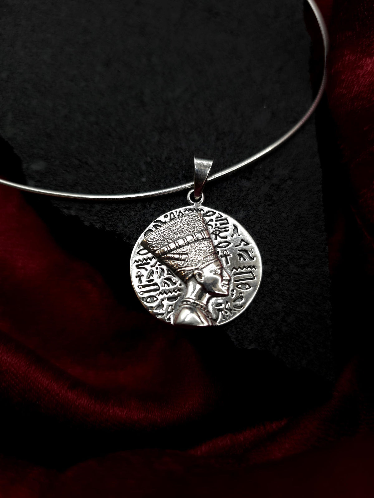 Nefertiti Sterling Silver Necklace | Egyptian Queen Bas Relief Pendant | Ancient Egypt Inspired Jewelry | 925 Silver Snake Chain