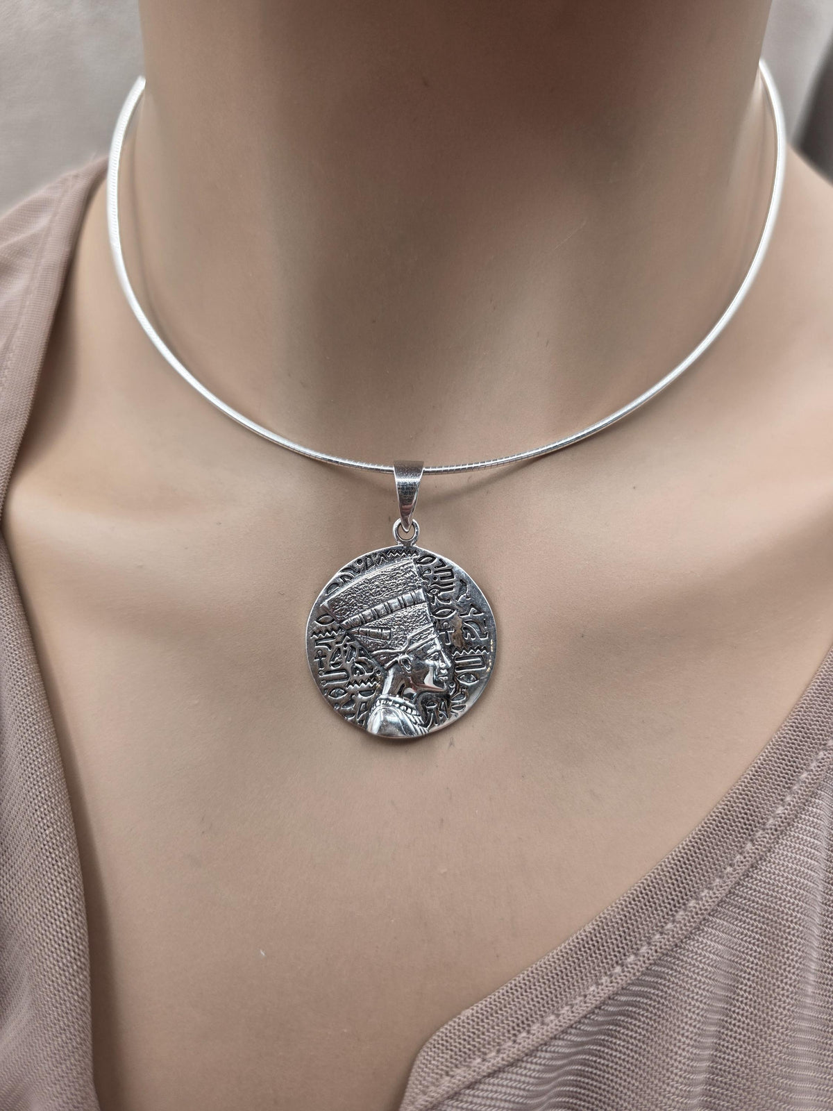 Nefertiti Sterling Silver Necklace | Egyptian Queen Bas Relief Pendant | Ancient Egypt Inspired Jewelry | 925 Silver Snake Chain