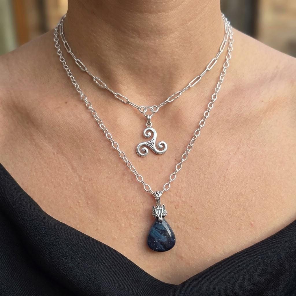 Norse Wolf & Celtic Triskelion Necklace Set | Sterling Silver Layered Necklaces | Leland Blue Glass Pendant | Viking Inspired Jewelry