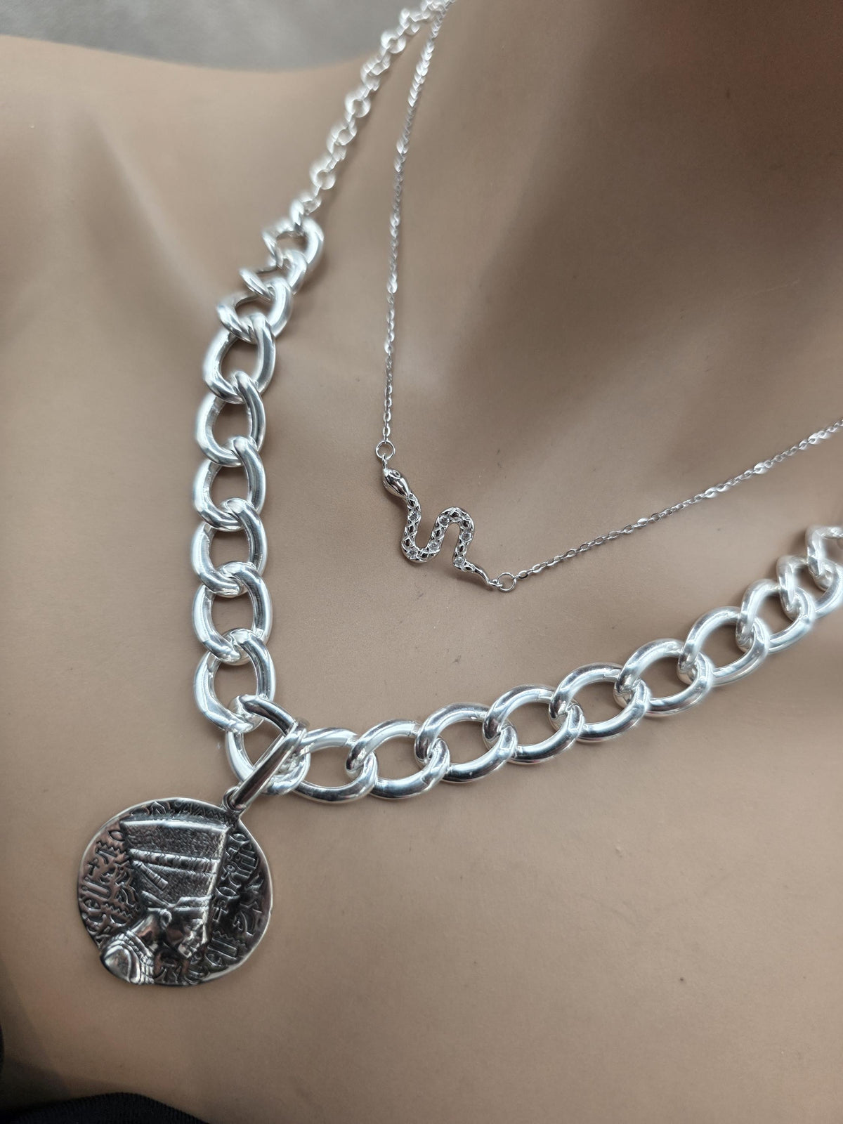 Nefertiti & Serpent Sterling Silver Necklace Set | Egyptian Queen Pendant | Layered Snake Necklace | Ancient Egypt Inspired Jewelry