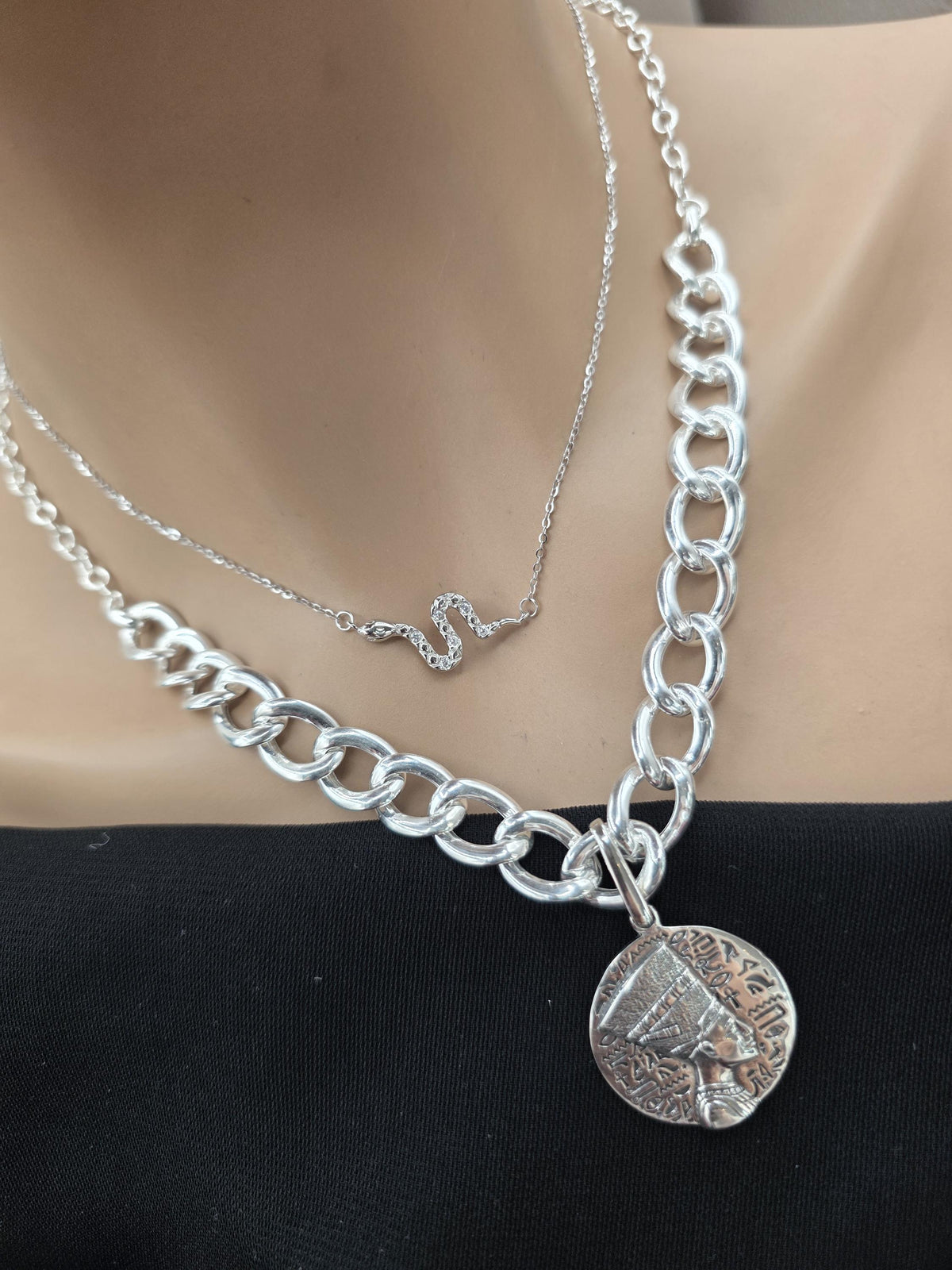 Nefertiti & Serpent Sterling Silver Necklace Set | Egyptian Queen Pendant | Layered Snake Necklace | Ancient Egypt Inspired Jewelry
