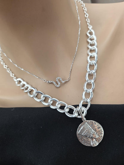 Nefertiti & Serpent Sterling Silver Necklace Set | Egyptian Queen Pendant | Layered Snake Necklace | Ancient Egypt Inspired Jewelry