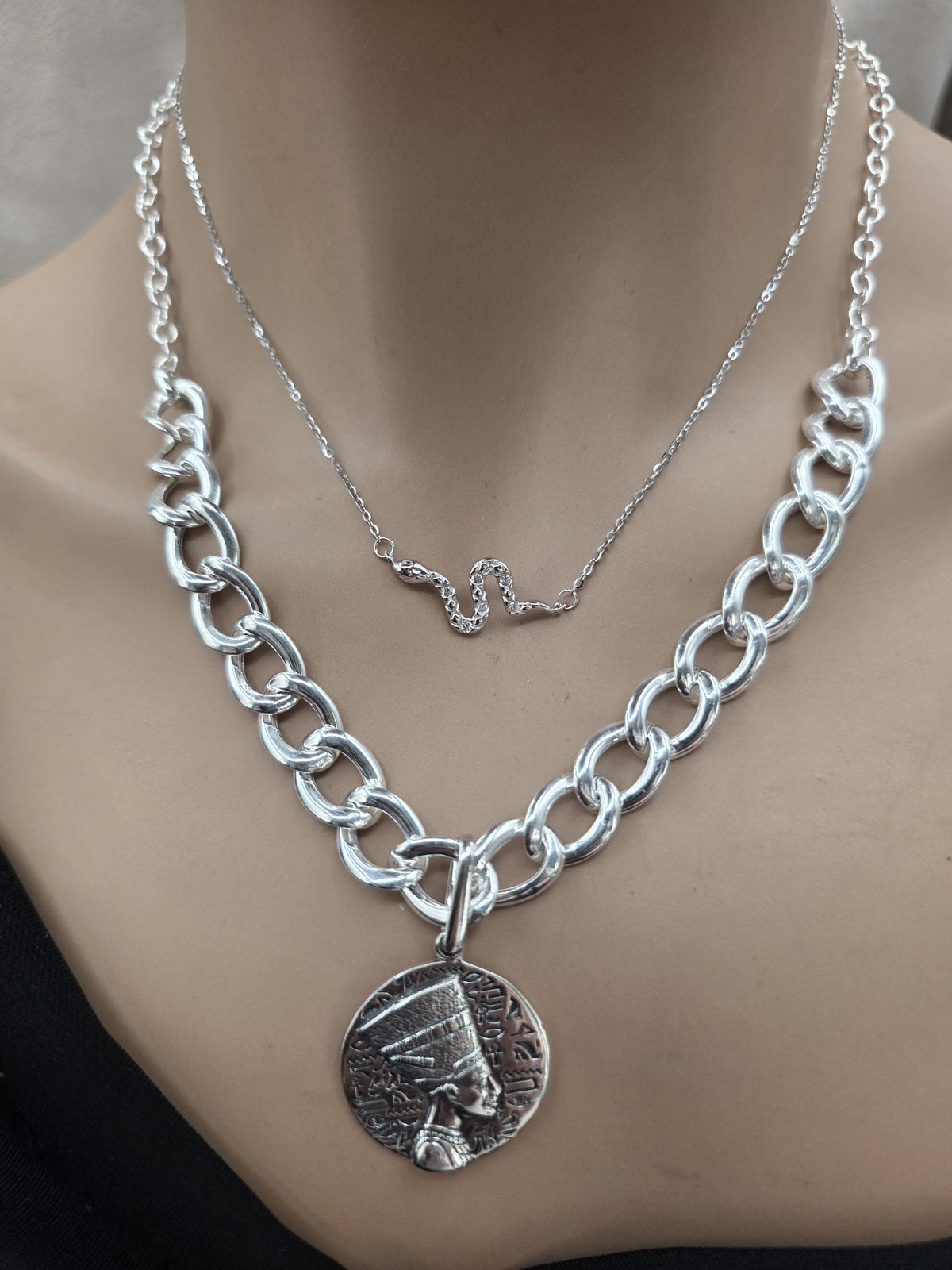 Nefertiti & Serpent Sterling Silver Necklace Set | Egyptian Queen Pendant | Layered Snake Necklace | Ancient Egypt Inspired Jewelry