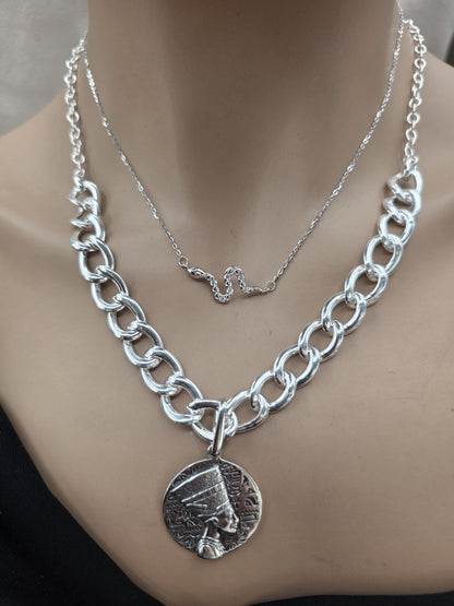 Nefertiti & Serpent Sterling Silver Necklace Set | Egyptian Queen Pendant | Layered Snake Necklace | Ancient Egypt Inspired Jewelry