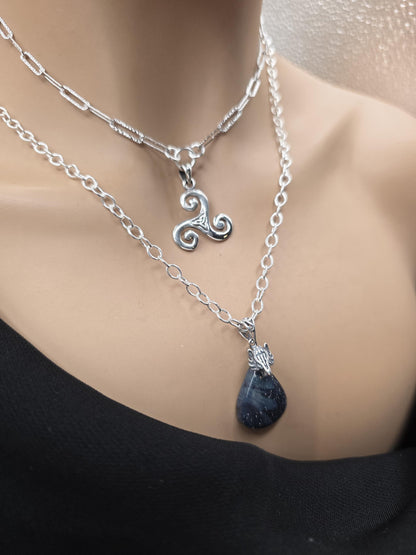 Norse Wolf & Celtic Triskelion Necklace Set | Sterling Silver Layered Necklaces | Leland Blue Glass Pendant | Viking Inspired Jewelry