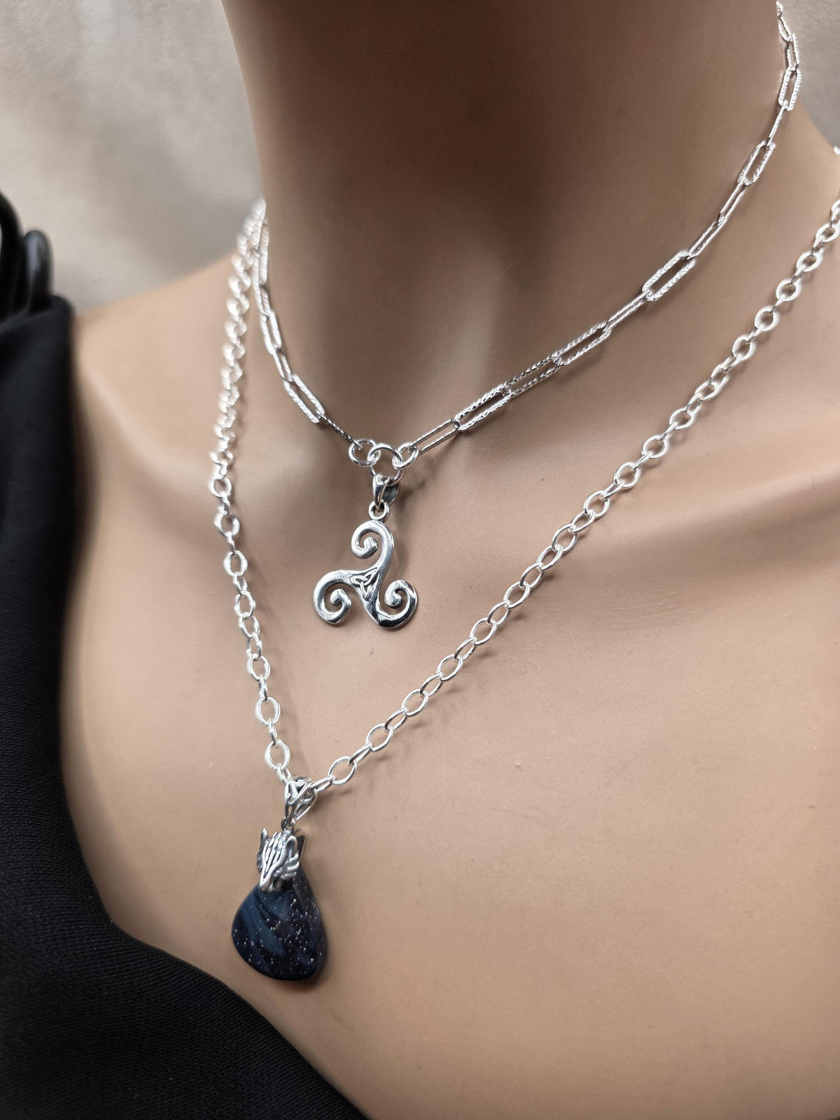 Norse Wolf & Celtic Triskelion Necklace Set | Sterling Silver Layered Necklaces | Leland Blue Glass Pendant | Viking Inspired Jewelry