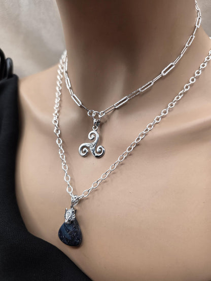 Norse Wolf & Celtic Triskelion Necklace Set | Sterling Silver Layered Necklaces | Leland Blue Glass Pendant | Viking Inspired Jewelry