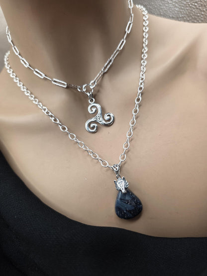 Norse Wolf & Celtic Triskelion Necklace Set | Sterling Silver Layered Necklaces | Leland Blue Glass Pendant | Viking Inspired Jewelry