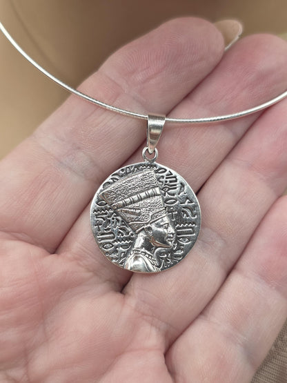 Nefertiti Sterling Silver Necklace | Egyptian Queen Bas Relief Pendant | Ancient Egypt Inspired Jewelry | 925 Silver Snake Chain