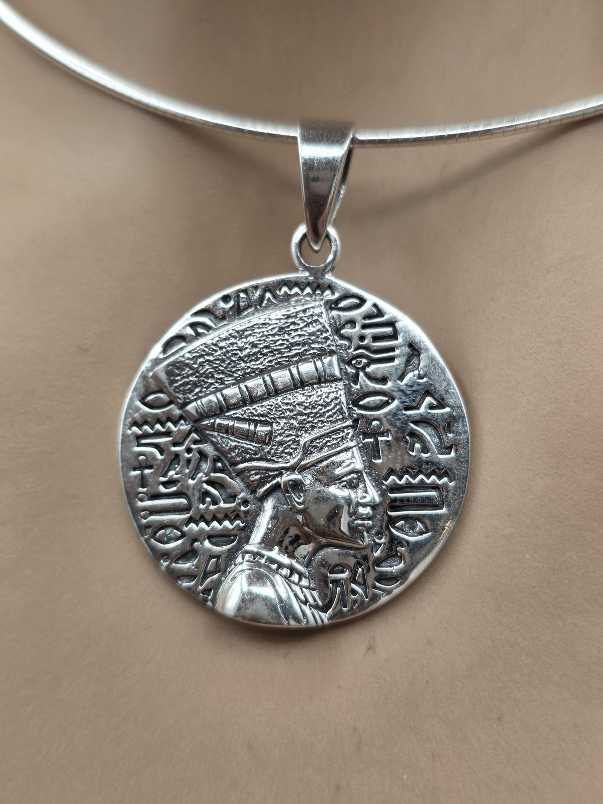 Nefertiti Sterling Silver Necklace | Egyptian Queen Bas Relief Pendant | Ancient Egypt Inspired Jewelry | 925 Silver Snake Chain