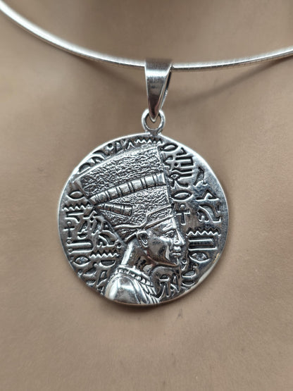 Nefertiti Sterling Silver Necklace | Egyptian Queen Bas Relief Pendant | Ancient Egypt Inspired Jewelry | 925 Silver Snake Chain