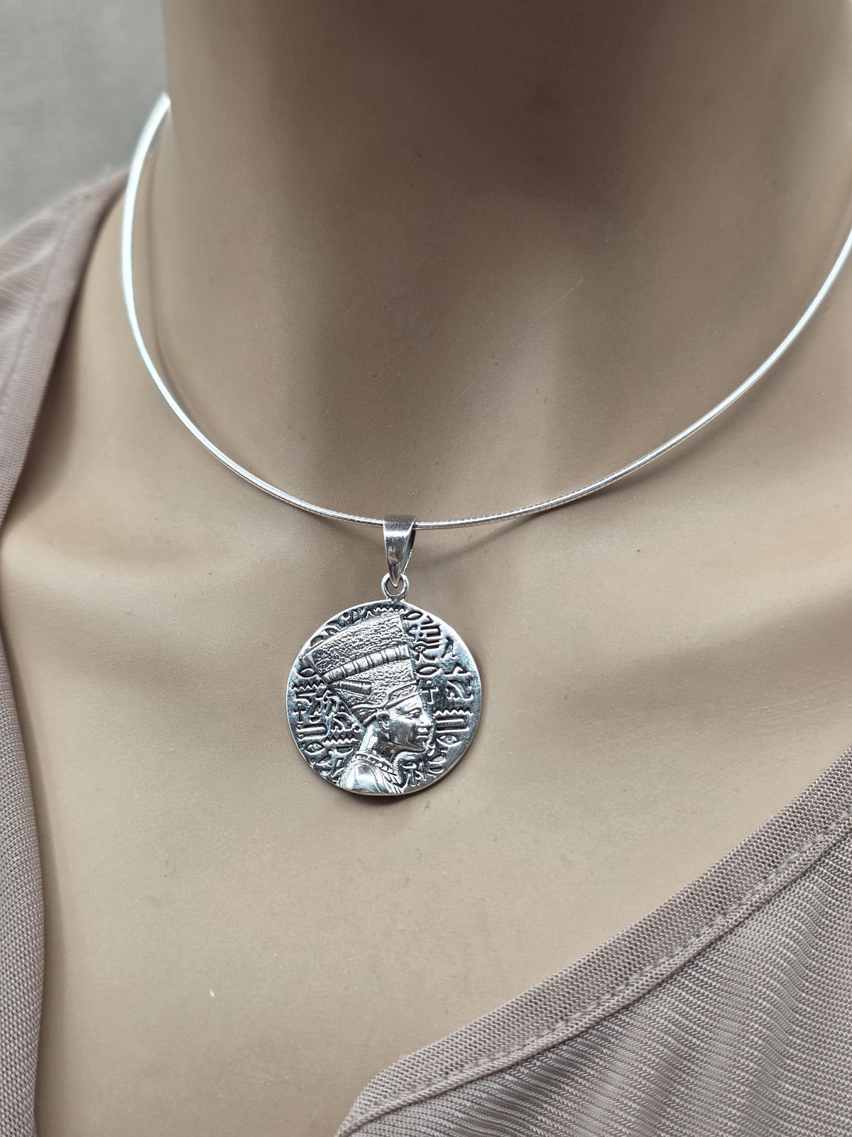 Nefertiti Sterling Silver Necklace | Egyptian Queen Bas Relief Pendant | Ancient Egypt Inspired Jewelry | 925 Silver Snake Chain