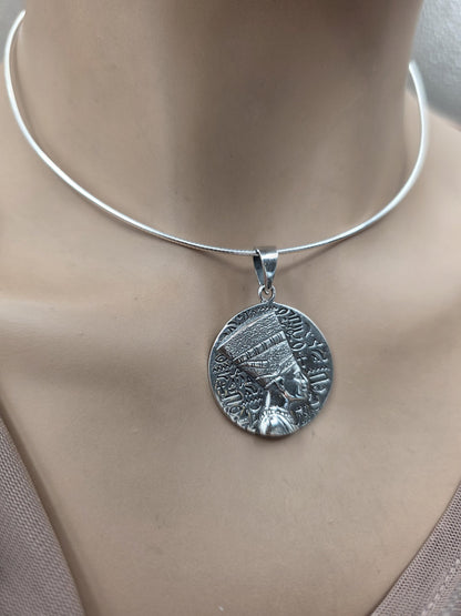 Nefertiti Sterling Silver Necklace | Egyptian Queen Bas Relief Pendant | Ancient Egypt Inspired Jewelry | 925 Silver Snake Chain