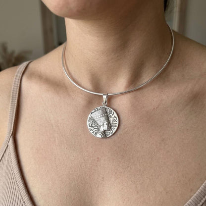 Nefertiti Sterling Silver Necklace | Egyptian Queen Bas Relief Pendant | Ancient Egypt Inspired Jewelry | 925 Silver Snake Chain