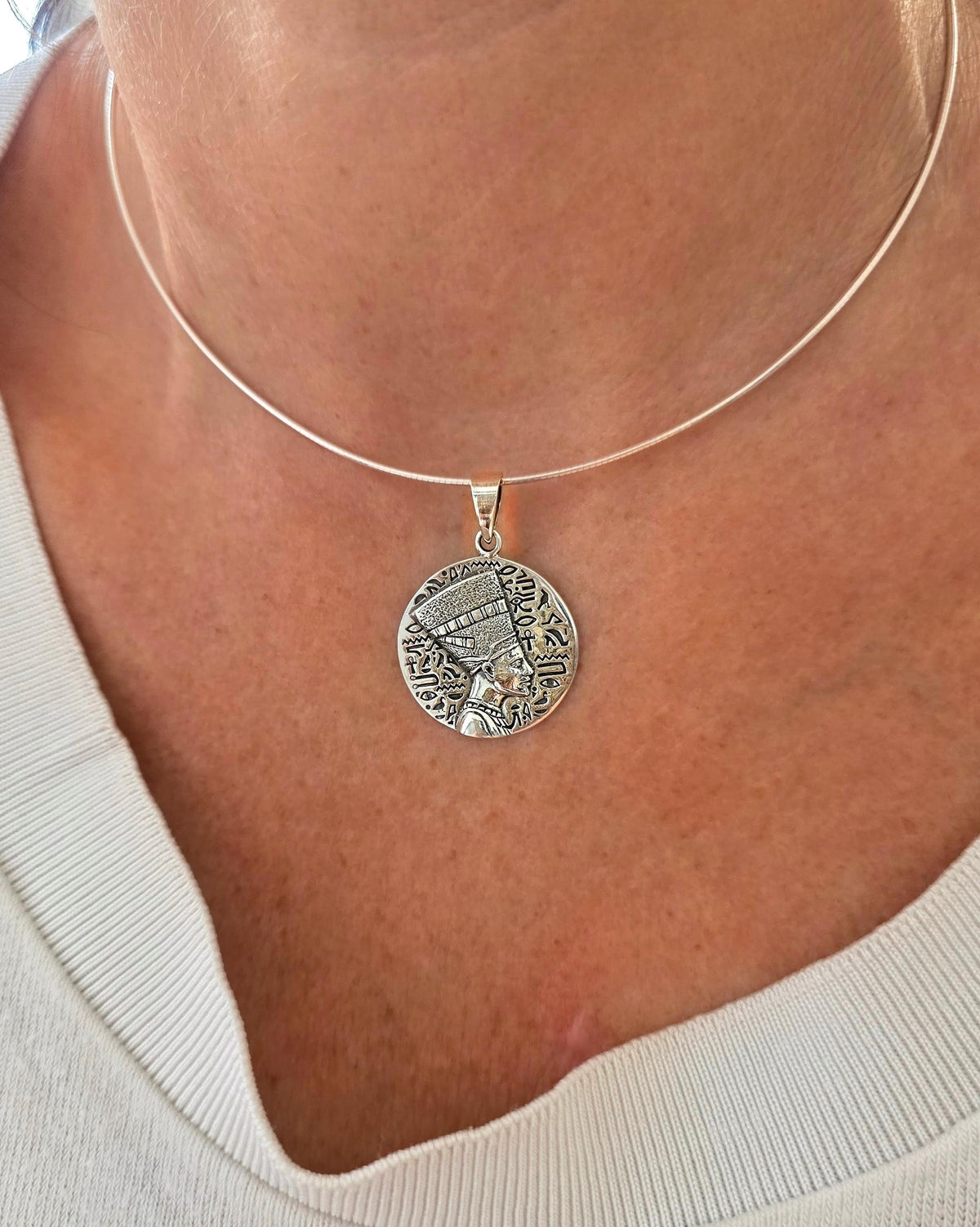 Nefertiti Sterling Silver Necklace | Egyptian Queen Bas Relief Pendant | Ancient Egypt Inspired Jewelry | 925 Silver Snake Chain