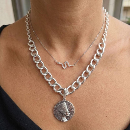 Nefertiti & Serpent Sterling Silver Necklace Set | Egyptian Queen Pendant | Layered Snake Necklace | Ancient Egypt Inspired Jewelry