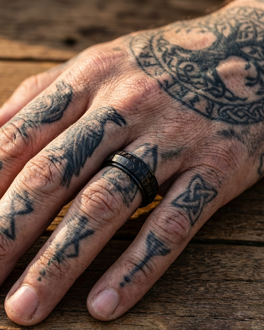 Hand with tattoos and a black ring on a wooden surface
