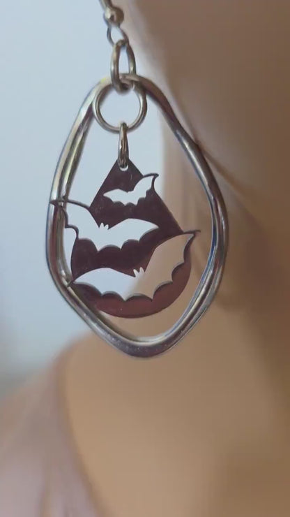 Gothic Vampire Bat Dangle Earrings: Steel Ear Wires,  Handmade Halloween Witchy Goth Jewelry