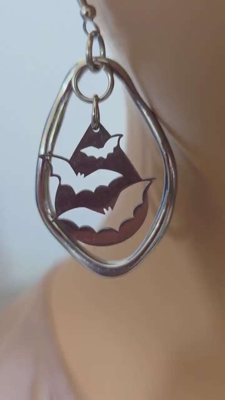 Gothic Vampire Bat Dangle Earrings: Steel Ear Wires,  Handmade Halloween Witchy Goth Jewelry