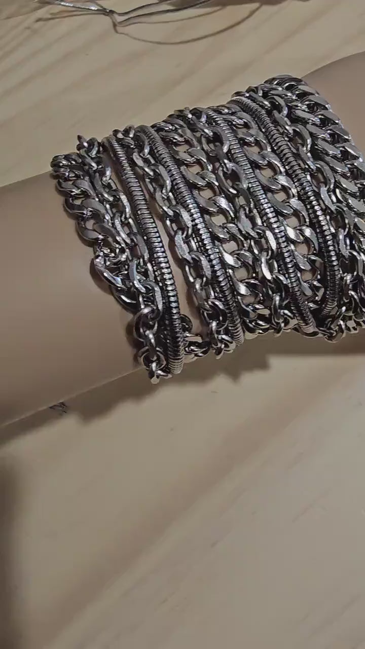 Layered Steel Multi-Strand Chunky Edgy Statement Wrap Goth Bracelet - Adjustable from 6 to 10 inches, great gift for men or women