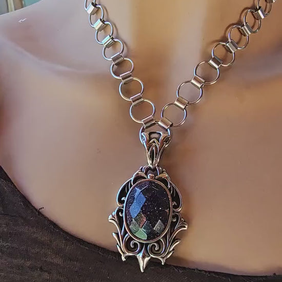 Blue Goldstone Gothic Chainmail Pendant Necklace: Goth Choker, Stainless Steel