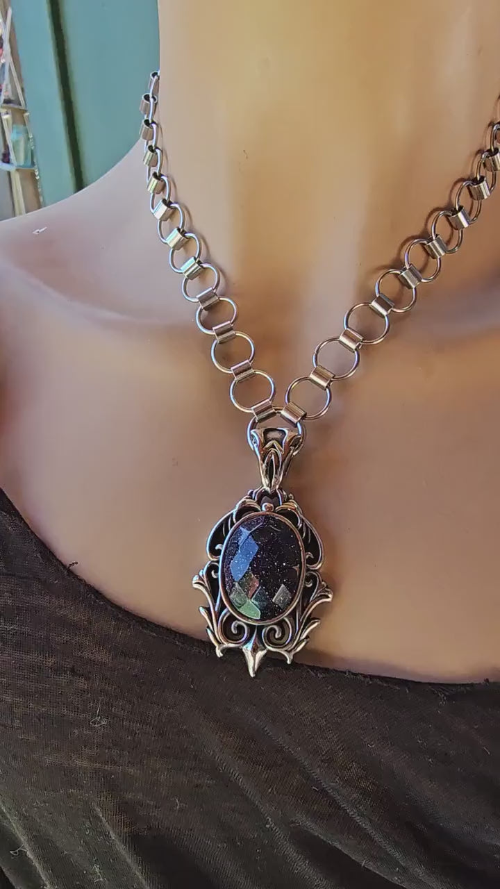 Blue Goldstone Gothic Chainmail Pendant Necklace: Goth Choker, Stainless Steel
