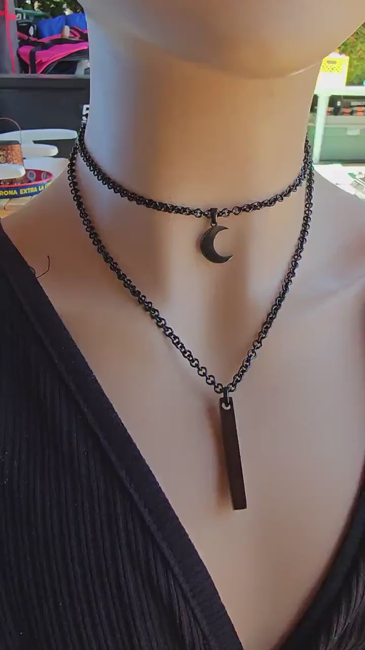 Black Steel Layered Gothic Punk Choker Necklace with Bar & Moon pendant | Dark Academia Aesthetic handmade jewelry gift for her, Goth