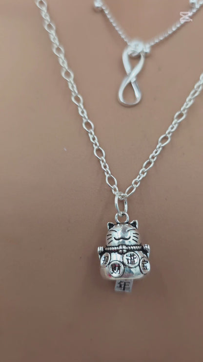 Sterling Silver Layered Necklace – Infinity & Maneki-neko Lucky Cat – 3 Piece Set