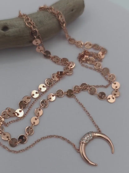Rose Gold Vermeil Sterling Silver Crescent Horn Moon Layered Choker Necklace - Celestial Fine Jewelry