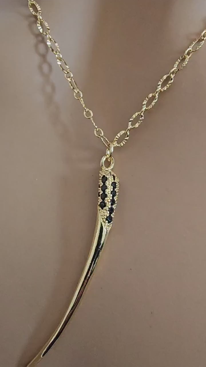Gold Tusk Cubic Zirconia Pendant Necklace Statement Jewelry - Handmade Fang Spike aesthetic jewelry gift for her
