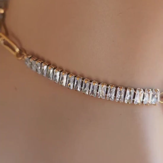 Gold Plated Steel Day Collar with CZ Baguettes and Crystal Pendant Choker Necklace & Permanent Locking Option
