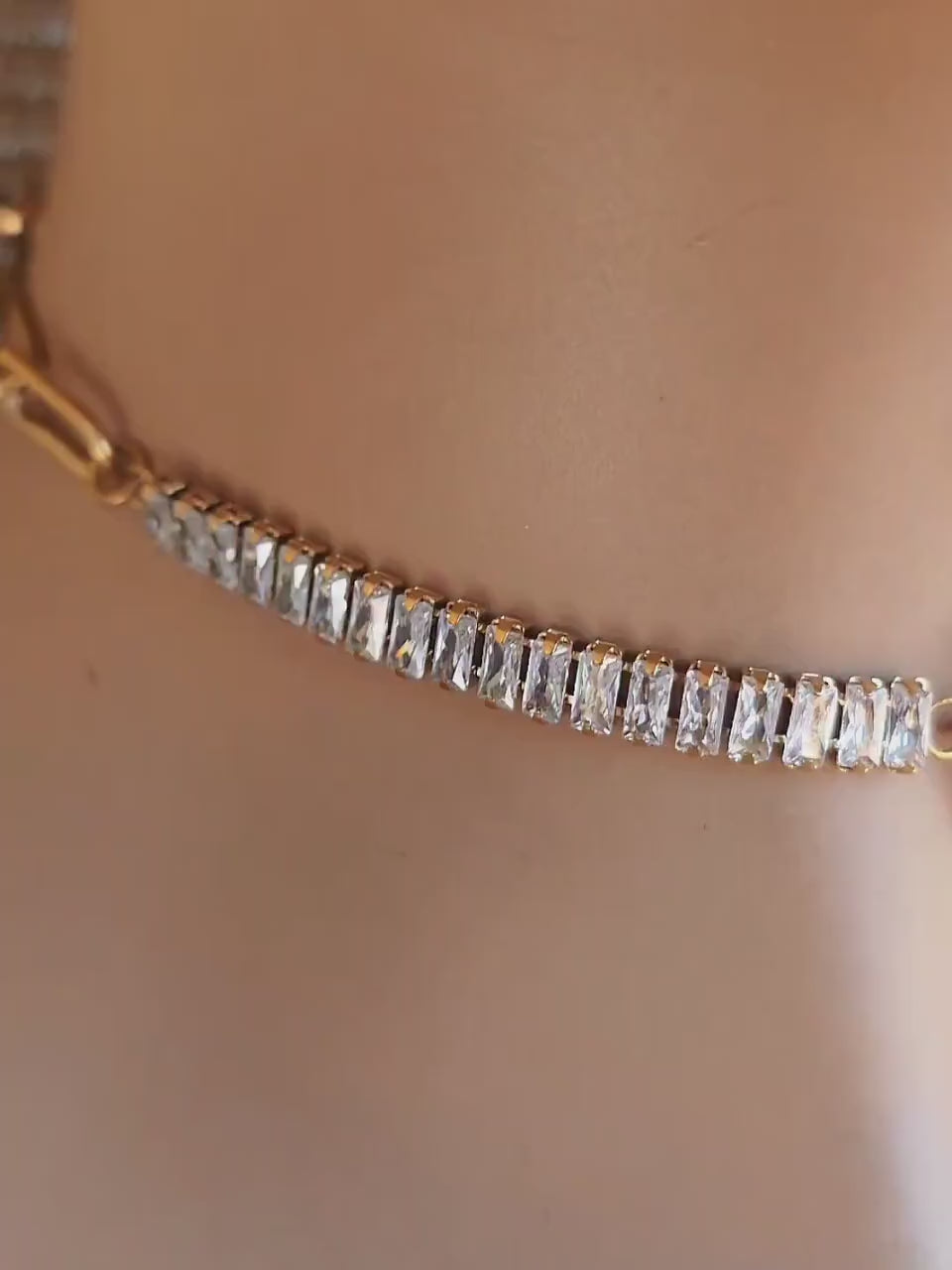 Gold Plated Steel Day Collar with CZ Baguettes and Crystal Pendant Choker Necklace & Permanent Locking Option