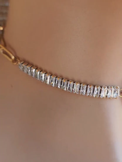 Gold Plated Steel Day Collar with CZ Baguettes and Crystal Pendant Choker Necklace & Permanent Locking Option