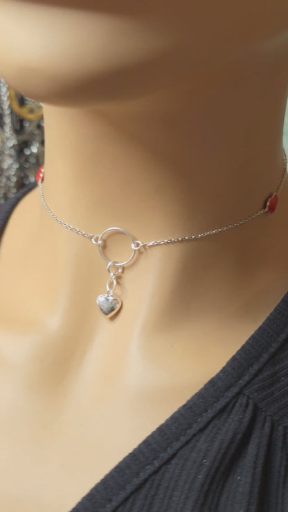 Sterling Silber & rote Emaille Herzen & Herz-Anhänger O Ring Sterling Silber Tag Halsband