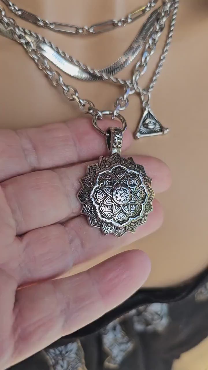 Steel Mandala & Evil Eye Layered Multi Strand Chunky Grunge Necklace Set | Buddhist  pendant handmade zen yoga necklace gift for her