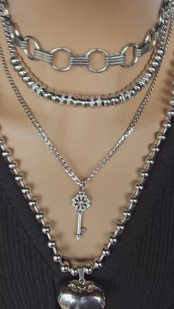 Steel Layered Multi Strand Chunky Chain Gothic Choker Heart Necklace Set - non tarnish waterproof Handmade aesthetic jewelry gift for her