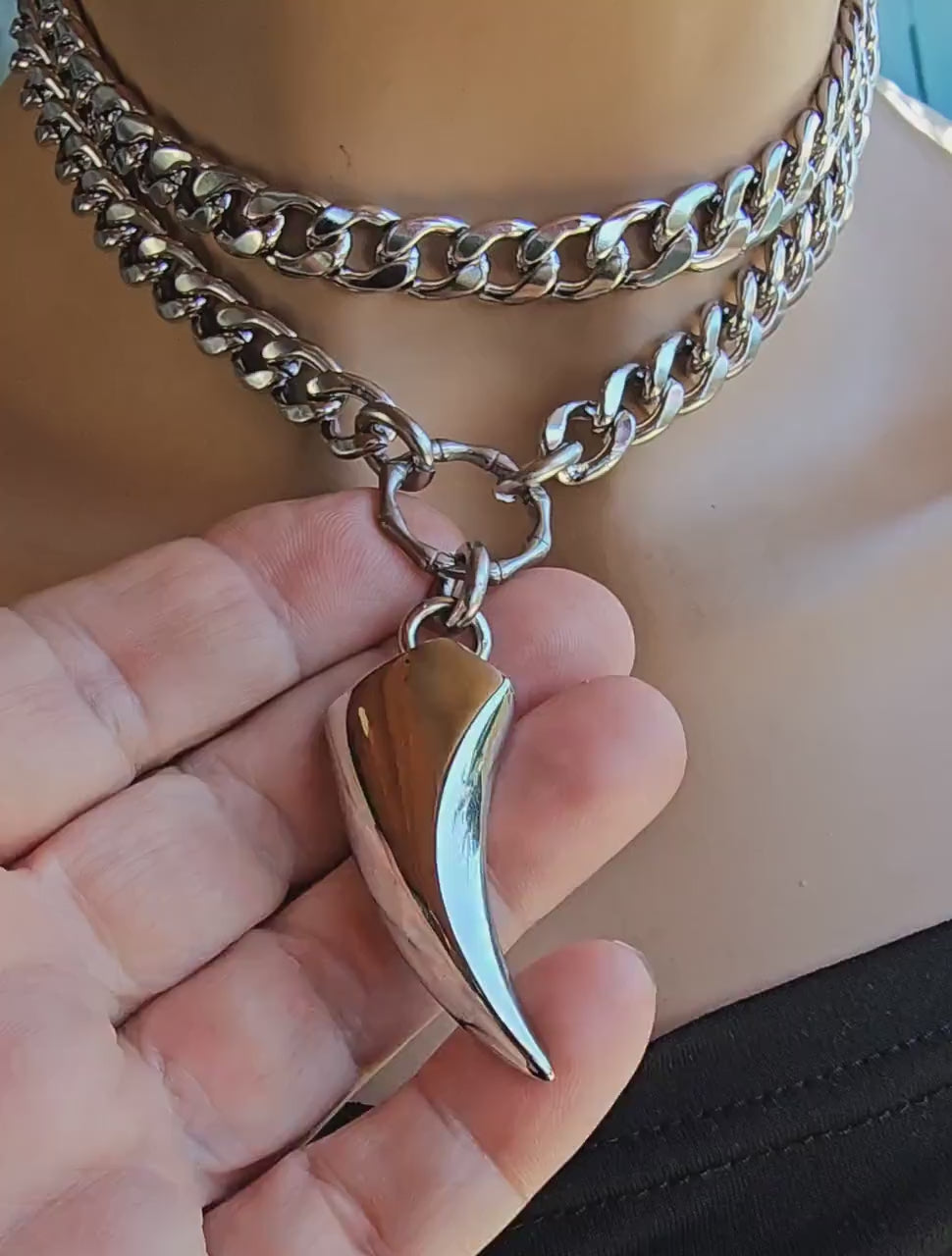 Steel Talon Gothic Punk Aesthetic Chunky Chain Necklace - Wolf tooth cat Claw | A Goth, Grunge Jewelry Statement gift for her gift for him