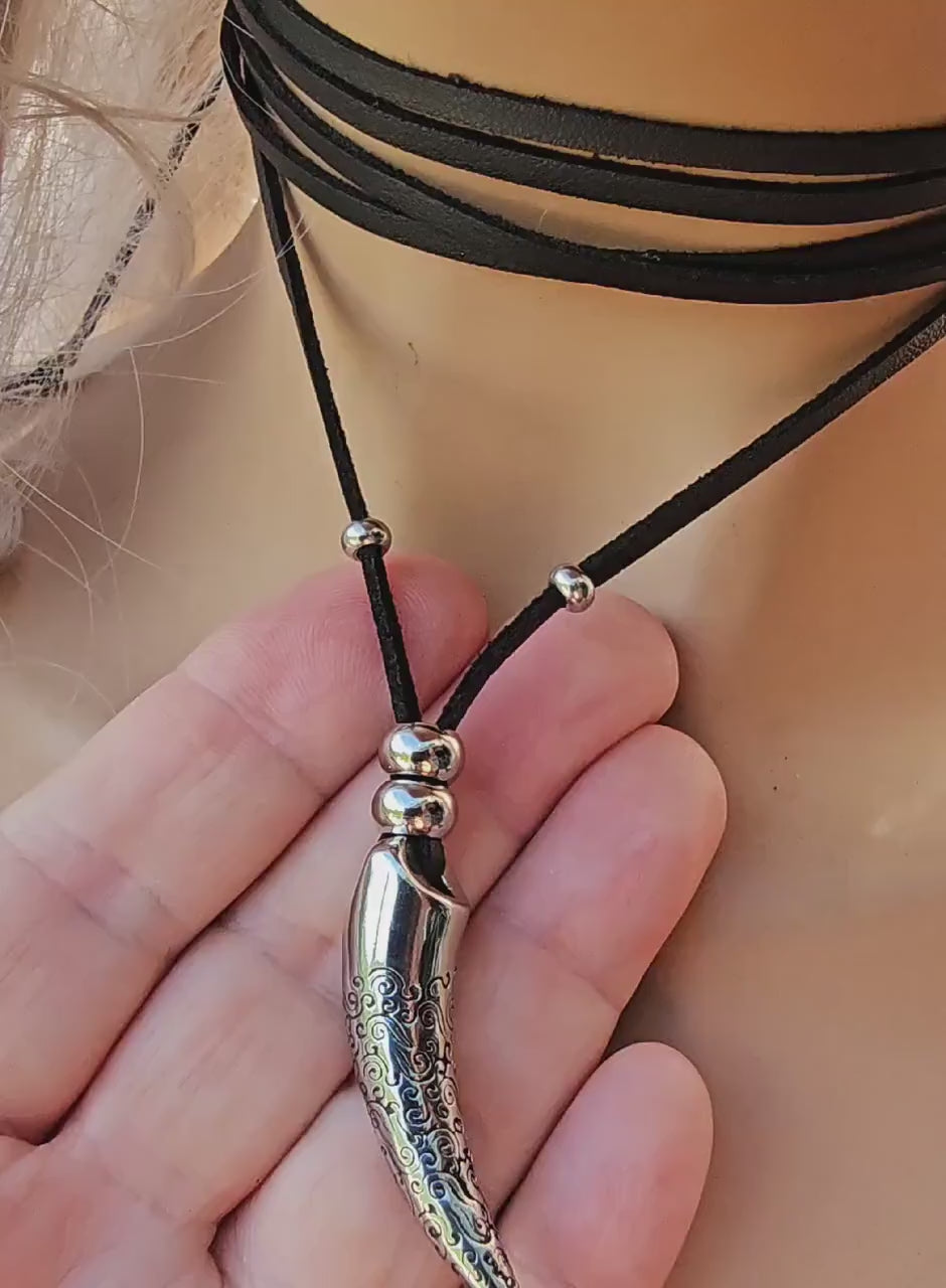 Black Vegan Leather Wrap Tie Gothic Bolero Collar Choker Layered Tusk Necklace - Handmade Grunge Punk Aesthetic Jewelry Gift for Her