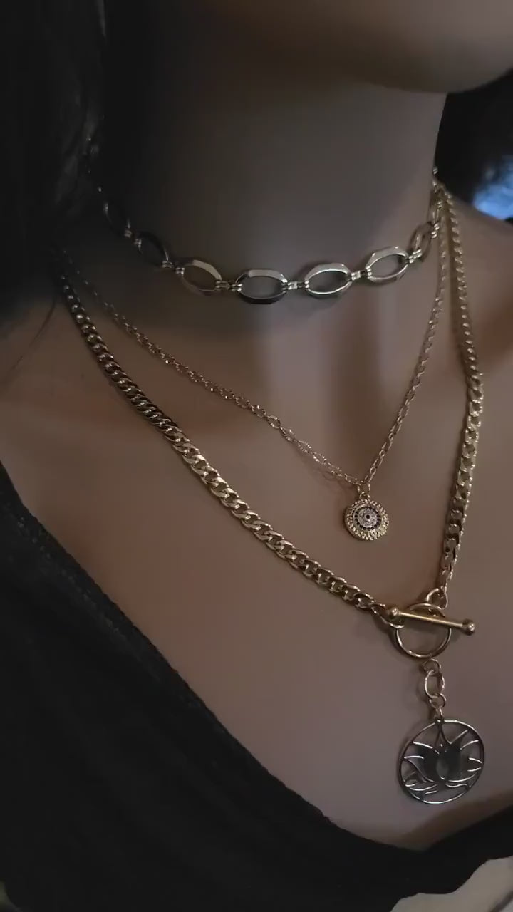 Gold Layered Necklace Set Evil Eye & Lotus medallion | Good vibes necklace,Protection necklace,Evil eye necklace, layering necklace