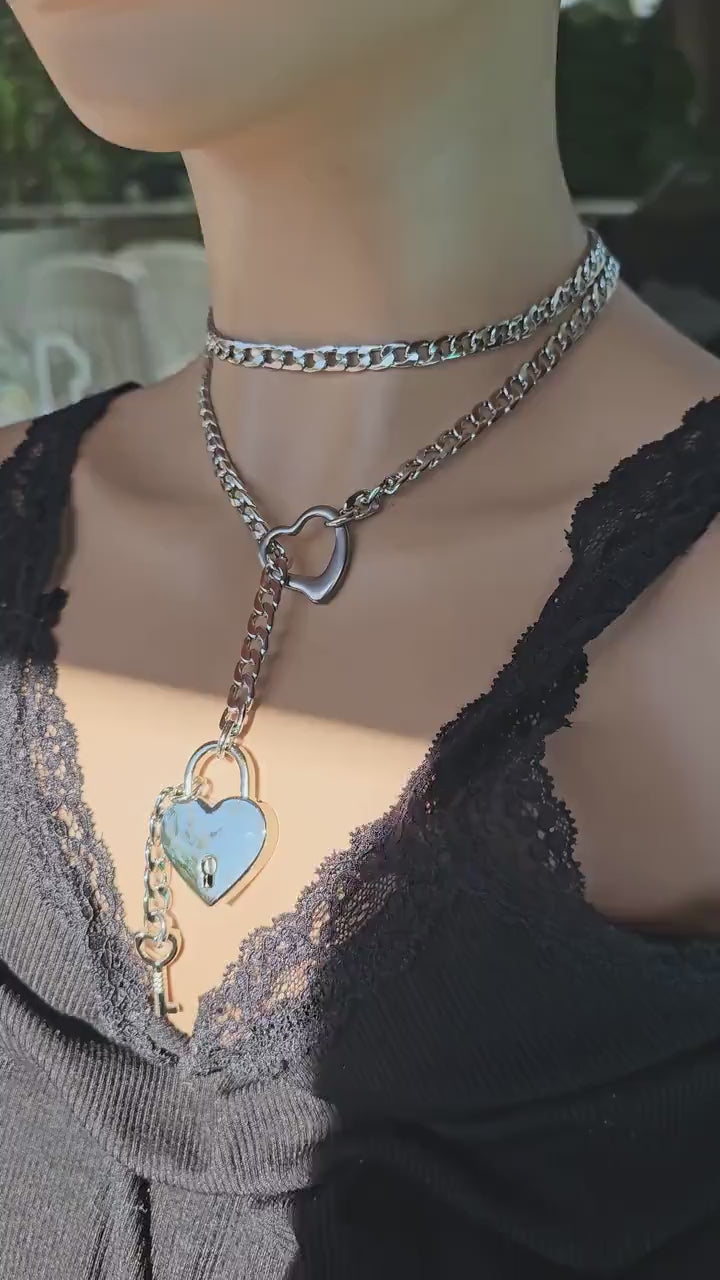 Steel Slip Chain Heart Padlock Lariat Collar Choker Layered Necklace | Handmade BDSM aesthetic jewelry gift for her, bondage style locking
